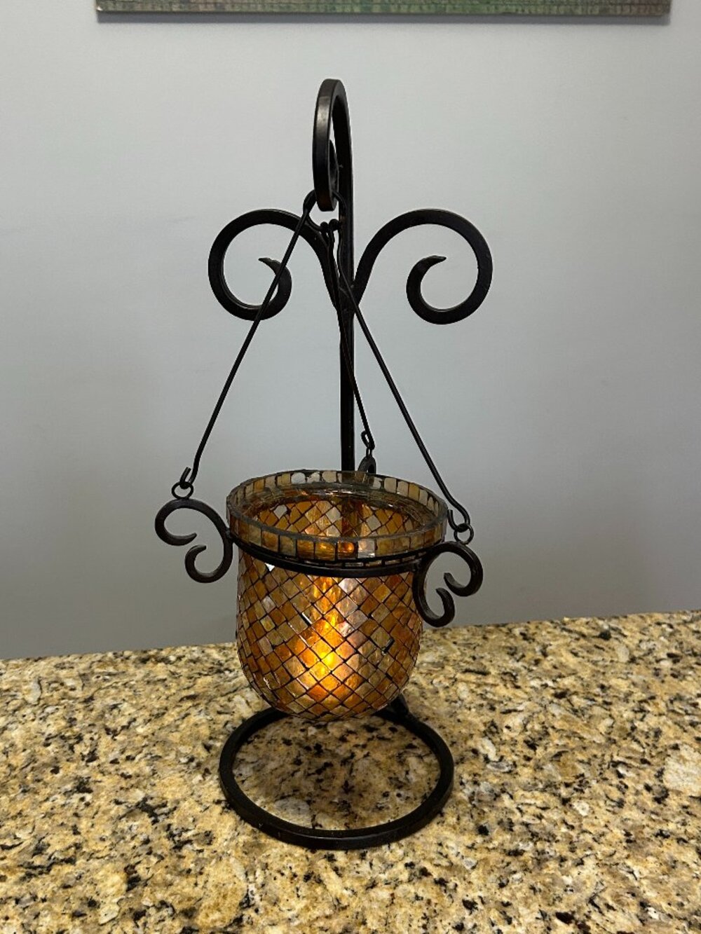 Decorative Black Metal Stand W/Hanging Mosaic Glass Candle Holder